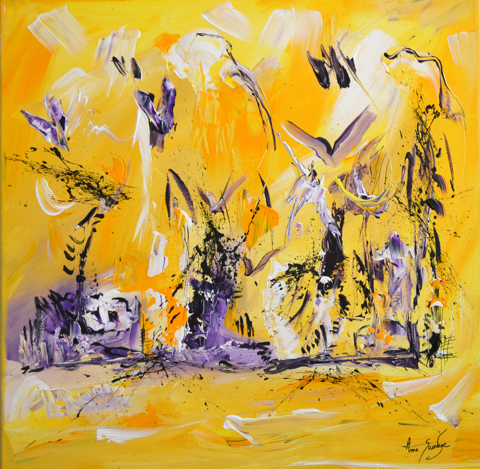  Tableau  jaune  abstrait  peintre contemporain Ame Sauvage